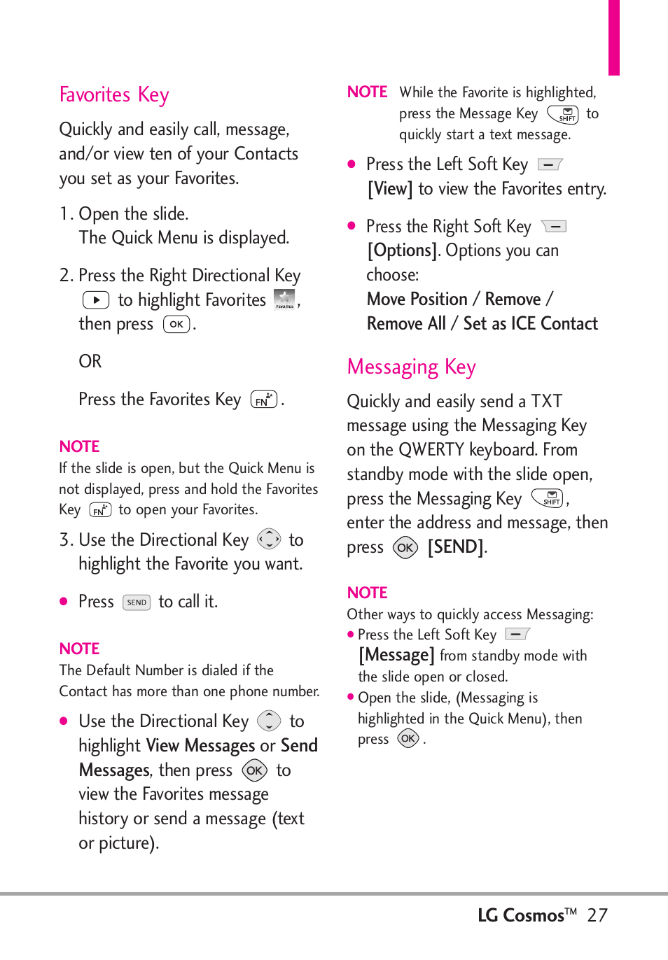 Favorites key, Messaging key | LG LGVN250PP User Manual | Page 29 / 141