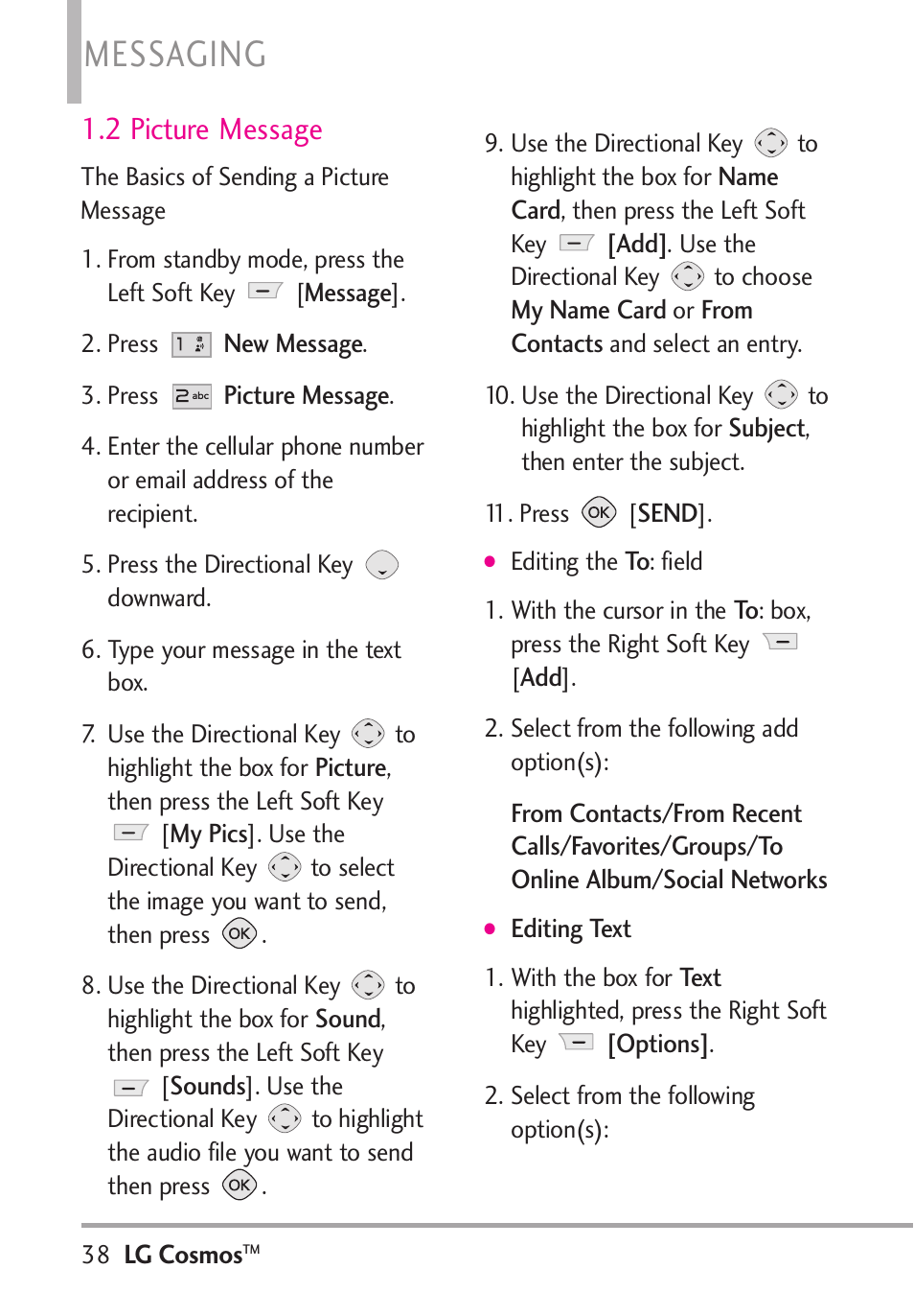 Messaging, 2 picture message | LG LGVN250PP User Manual | Page 40 / 141