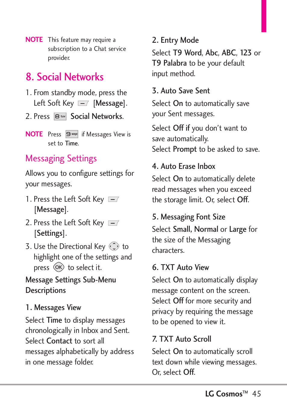 Social networks, Messaging settings | LG LGVN250PP User Manual | Page 47 / 141