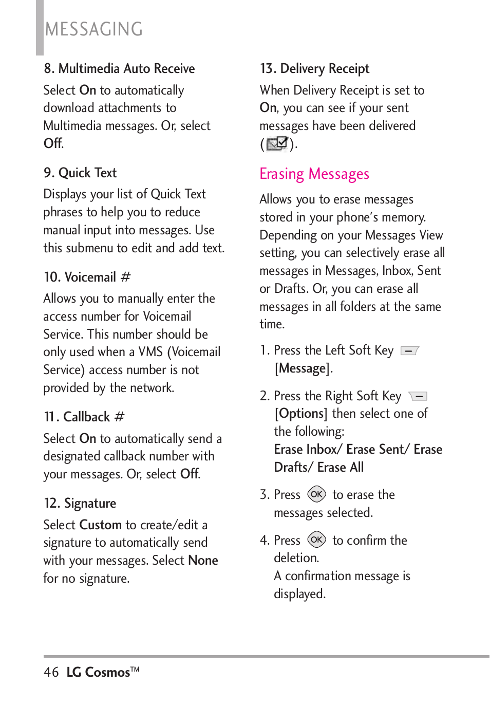 Messaging, Erasing messages | LG LGVN250PP User Manual | Page 48 / 141