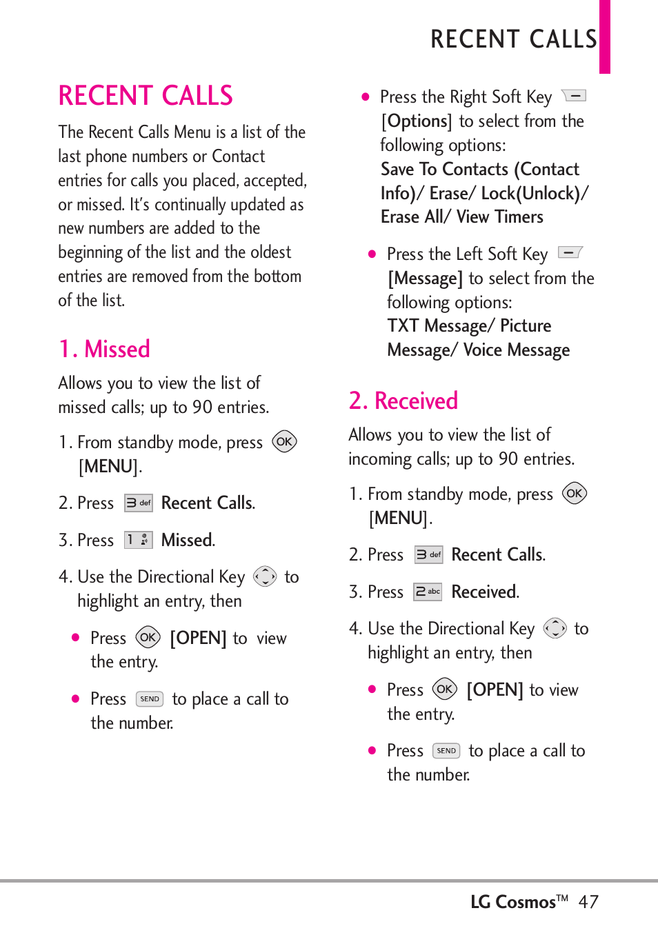 Recent calls, Missed, Received | LG LGVN250PP User Manual | Page 49 / 141