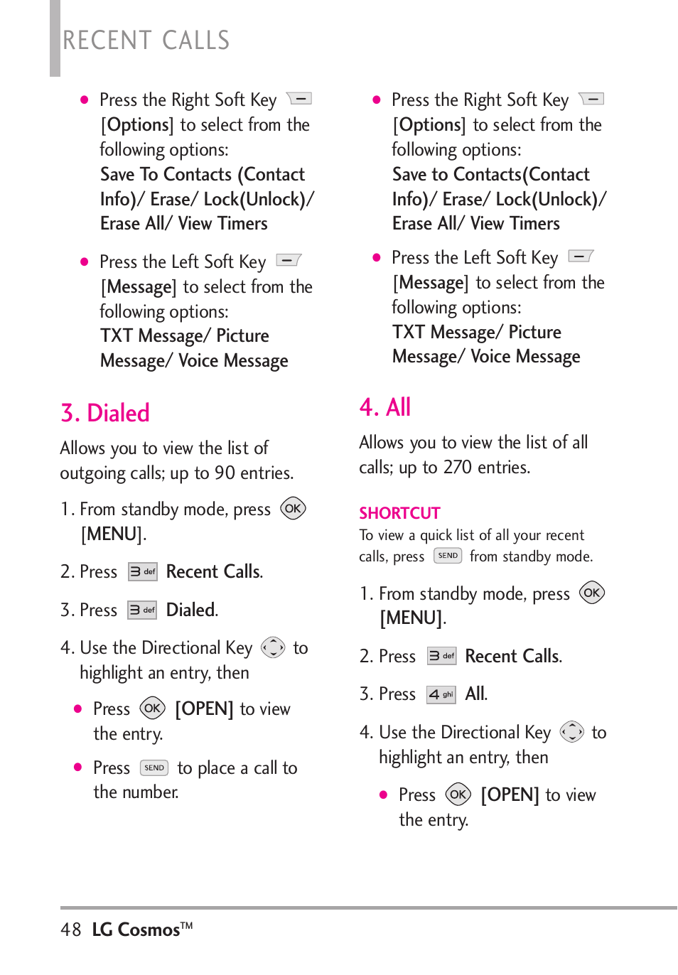 Recent calls, Dialed | LG LGVN250PP User Manual | Page 50 / 141