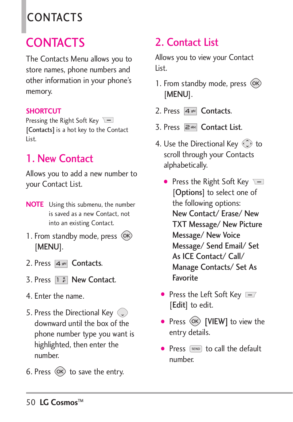 Contacts, New contact, Contact list | LG LGVN250PP User Manual | Page 52 / 141