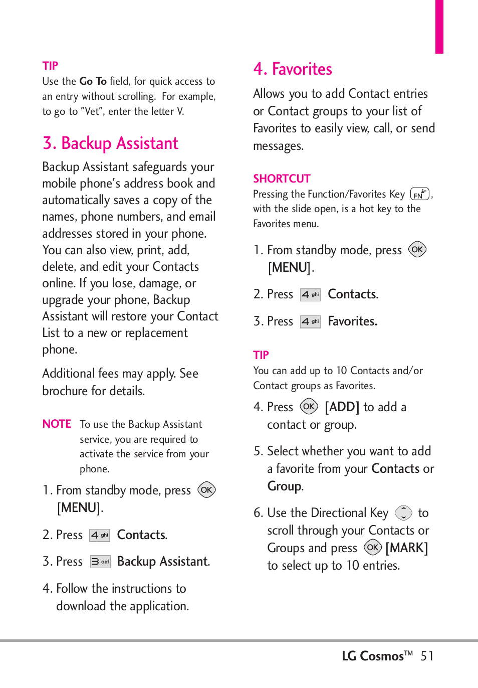 Backup assistant, Favorites | LG LGVN250PP User Manual | Page 53 / 141