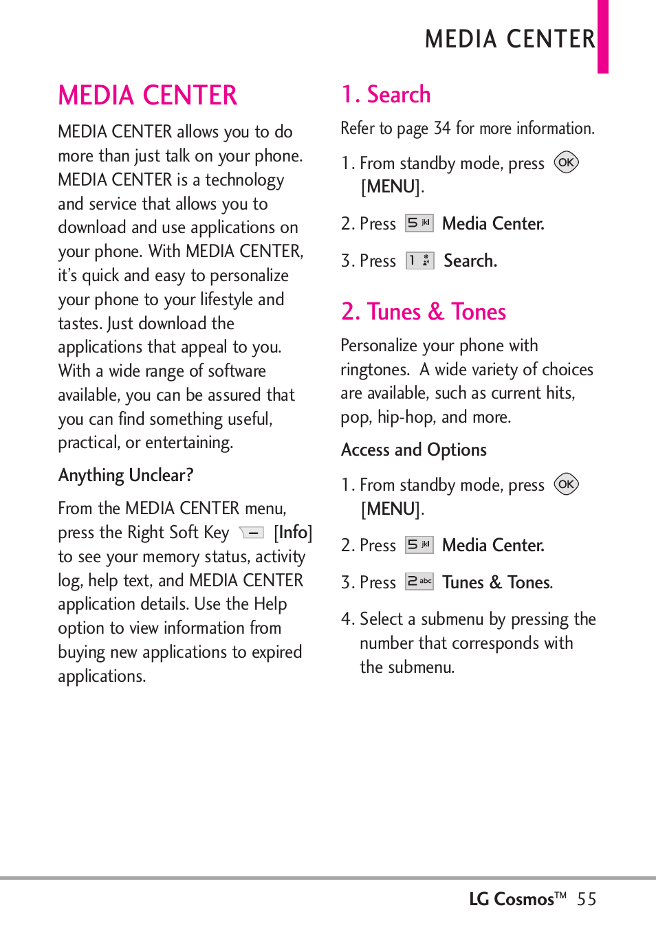 Media center, Search, Tunes & tones | LG LGVN250PP User Manual | Page 57 / 141