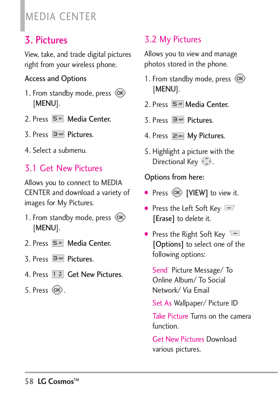 Media center, Pictures, 1 get new pictures | 2 my pictures | LG LGVN250PP User Manual | Page 60 / 141