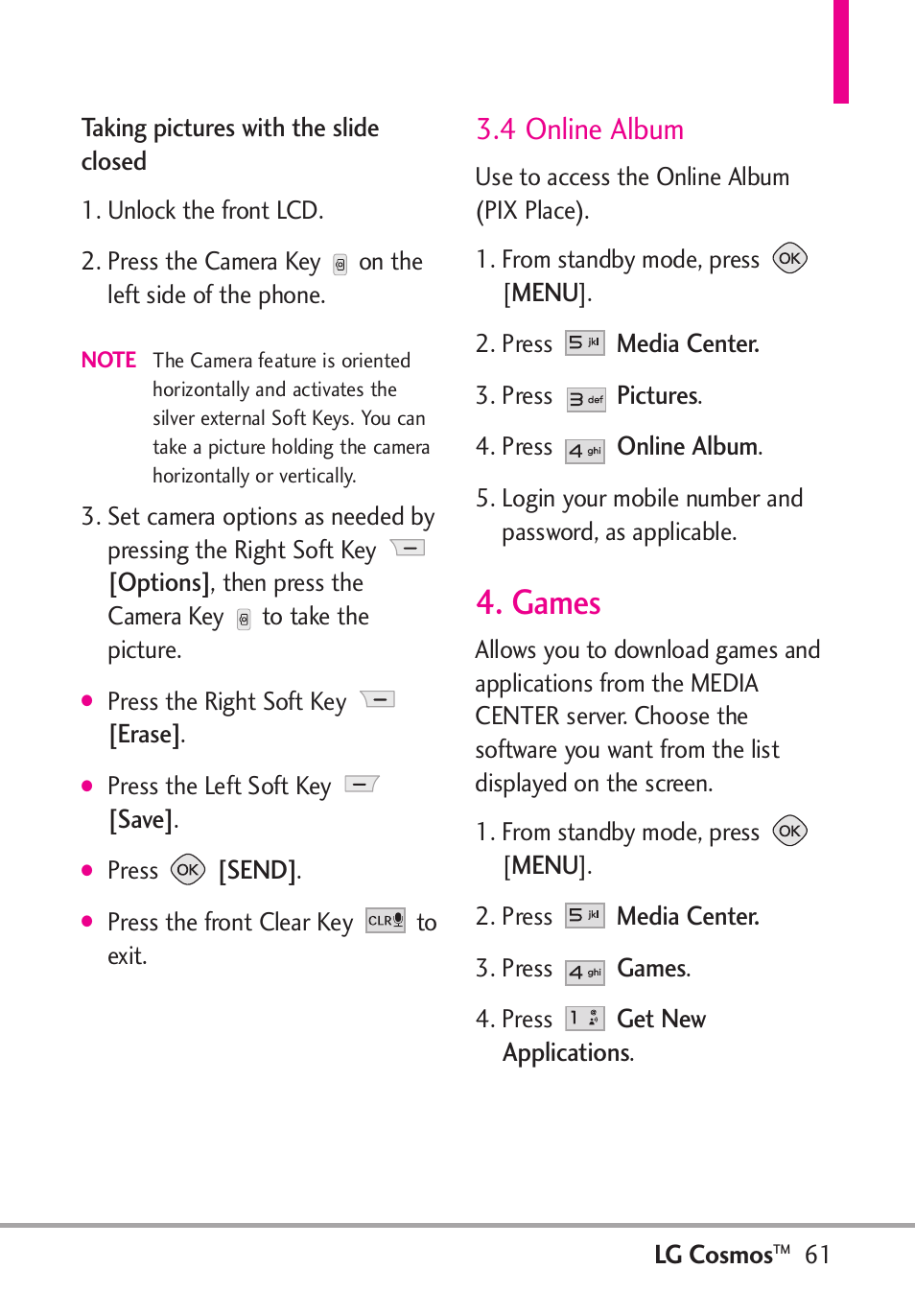 Games, 4 online album | LG LGVN250PP User Manual | Page 63 / 141