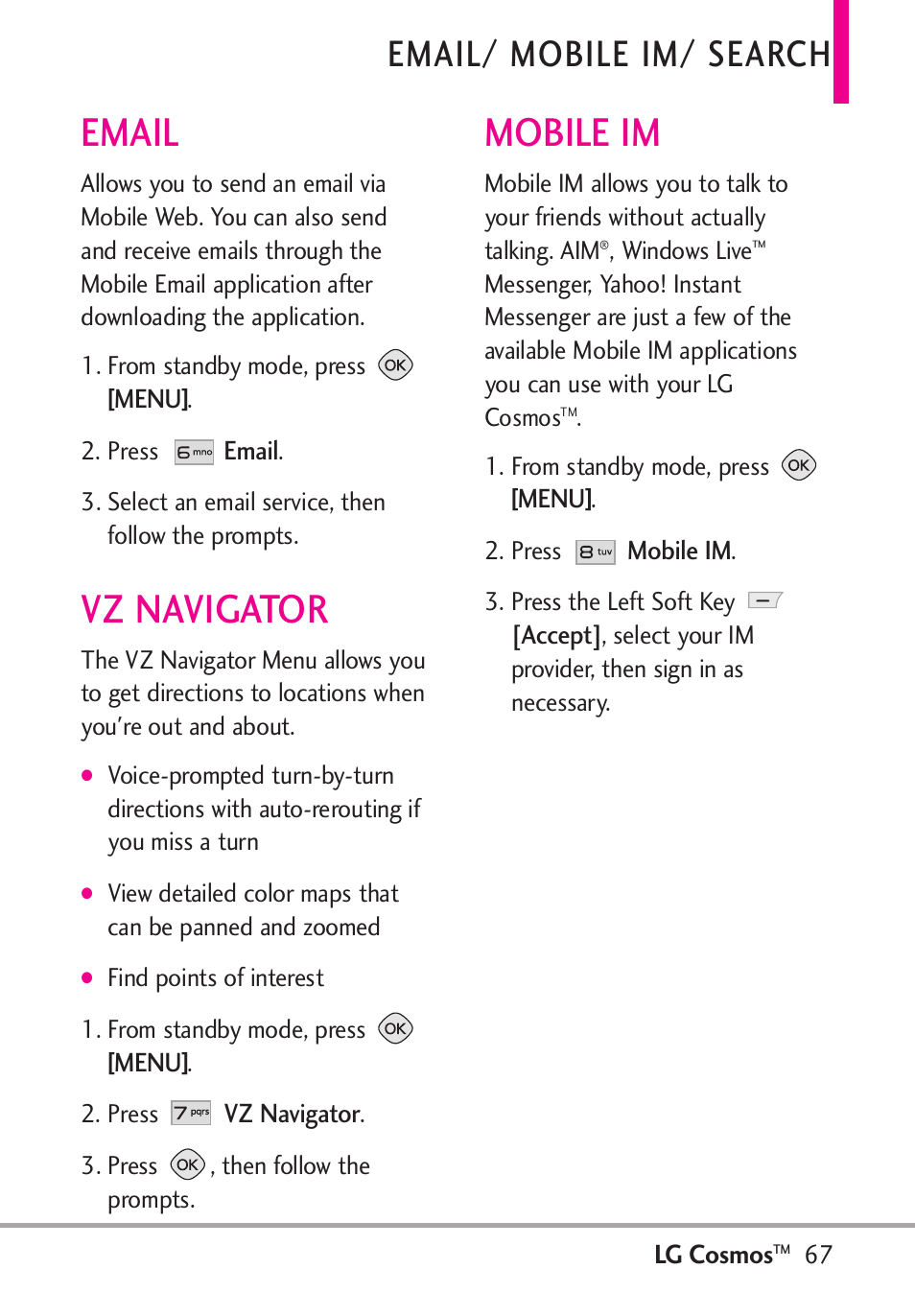Email, Vz navigator, Mobile im | Email/ mobile im/ search | LG LGVN250PP User Manual | Page 69 / 141