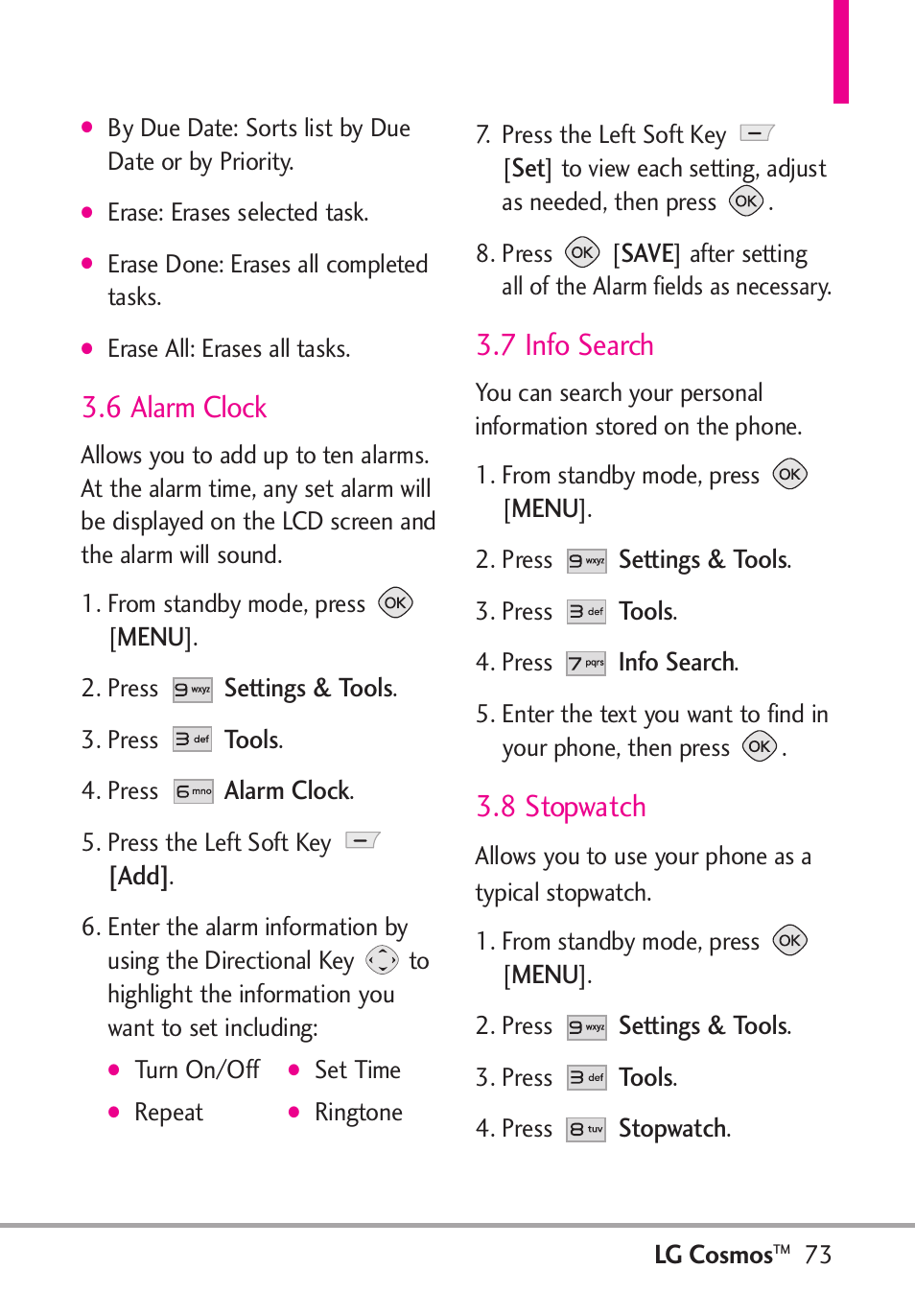 6 alarm clock, 7 info search, 8 stopwatch | LG LGVN250PP User Manual | Page 75 / 141