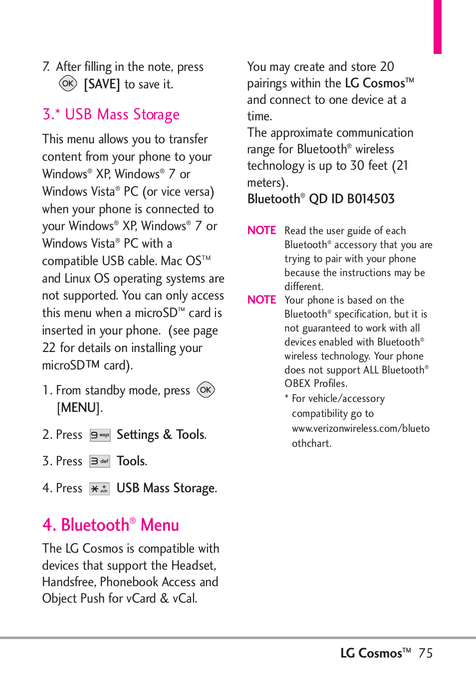 Bluetooth, * usb mass storage, Lg cosmos | Save, Menu, Settings & tools, Tools, Usb mass storage | LG LGVN250PP User Manual | Page 77 / 141
