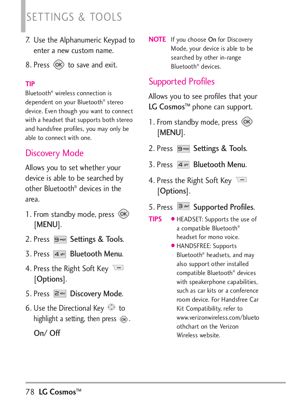 Settings & tools, Discovery mode, Supported profiles | LG LGVN250PP User Manual | Page 80 / 141