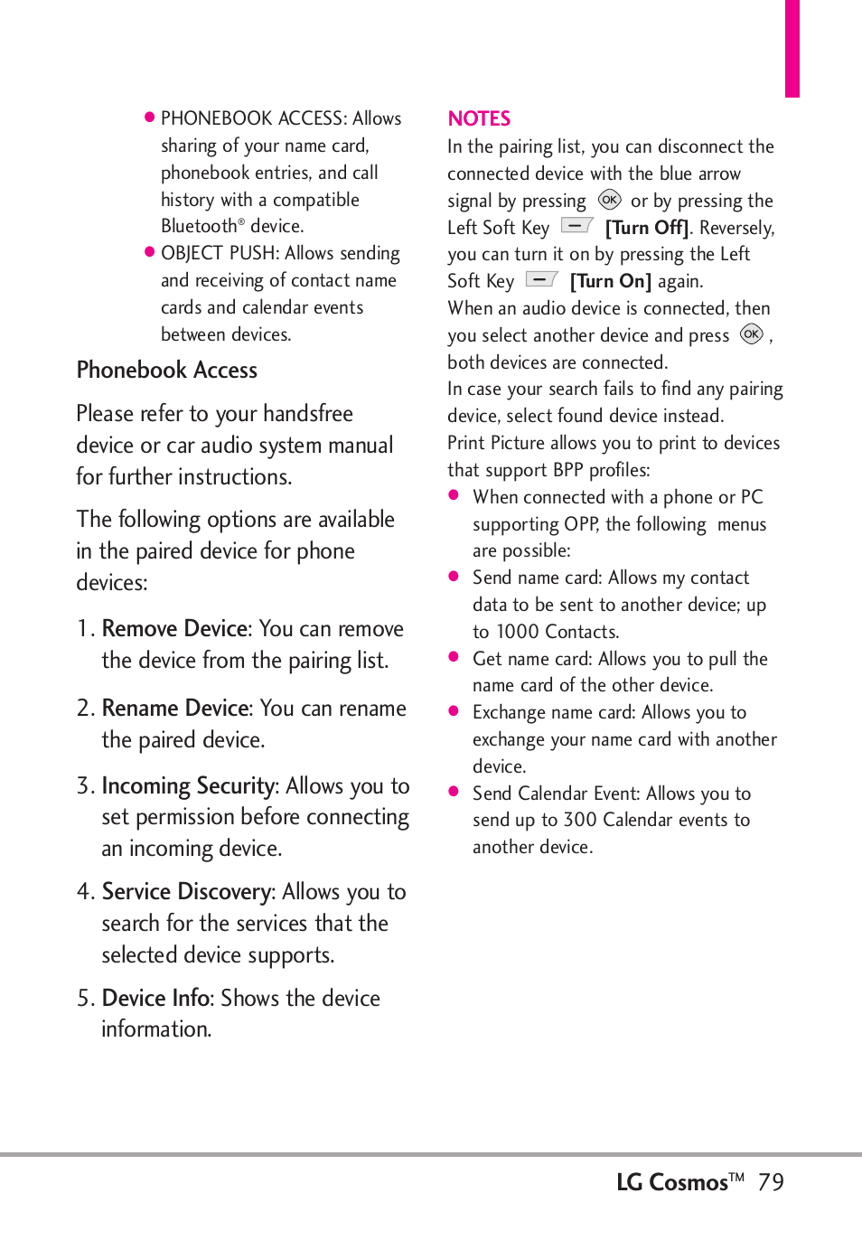 Lg cosmos, Phonebook access, Remove device | Rename device, Incoming security, Service discovery, Device info | LG LGVN250PP User Manual | Page 81 / 141