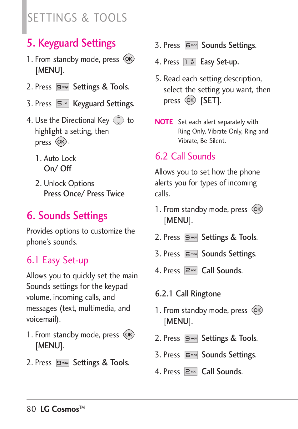 Settings & tools, Keyguard settings, Sounds settings | 1 easy set-up, 2 call sounds | LG LGVN250PP User Manual | Page 82 / 141