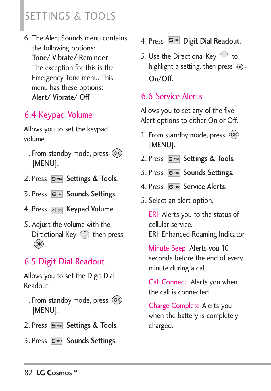 Settings & tools, 4 keypad volume, 5 digit dial readout | 6 service alerts | LG LGVN250PP User Manual | Page 84 / 141