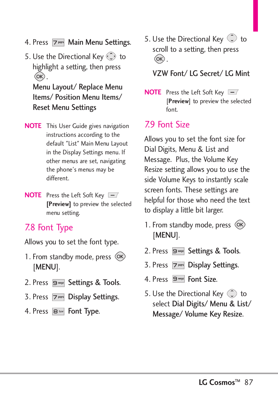 8 font type, 9 font size | LG LGVN250PP User Manual | Page 89 / 141