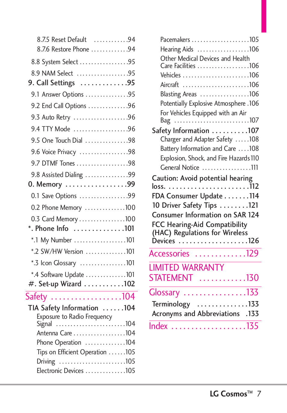 Safety, Accessories limited warranty statement glossary, Index | LG LGVN250PP User Manual | Page 9 / 141