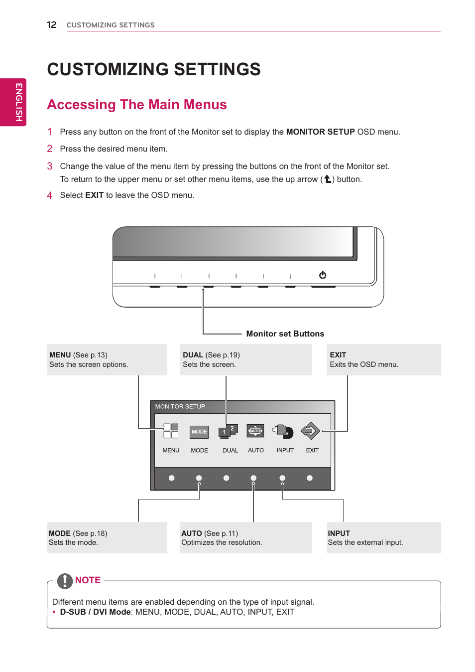 Customizing settings, Accessing the main menus, 12 accessing the main menus | LG IPS235T-BN User Manual | Page 12 / 26