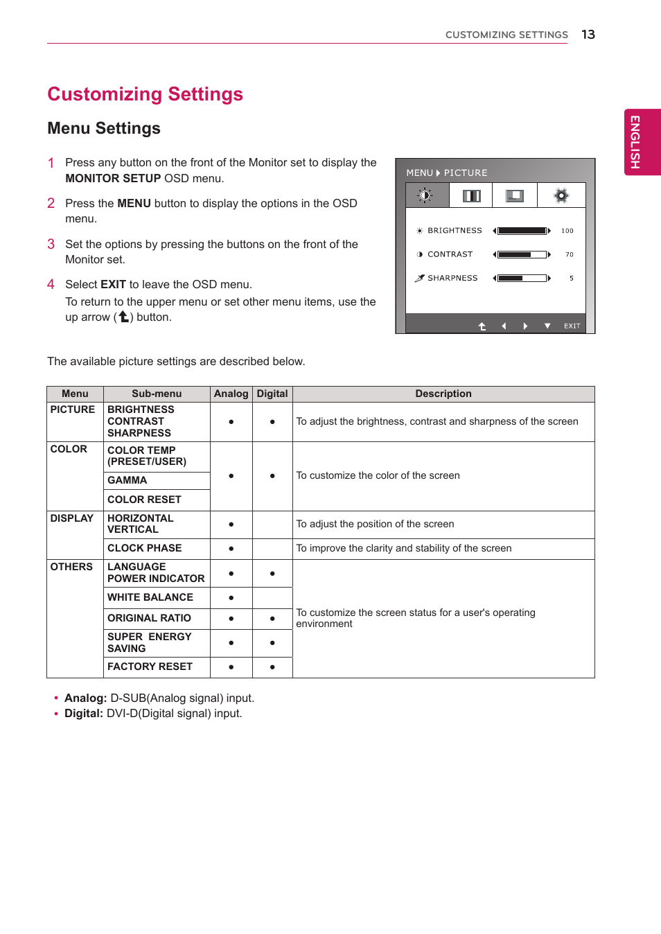 Customizing settings, Menu settings, 13 customizing settings 13 | LG IPS235T-BN User Manual | Page 13 / 26