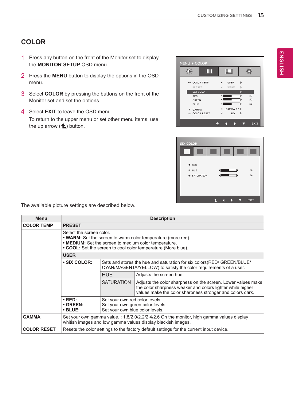 Color | LG IPS235T-BN User Manual | Page 15 / 26