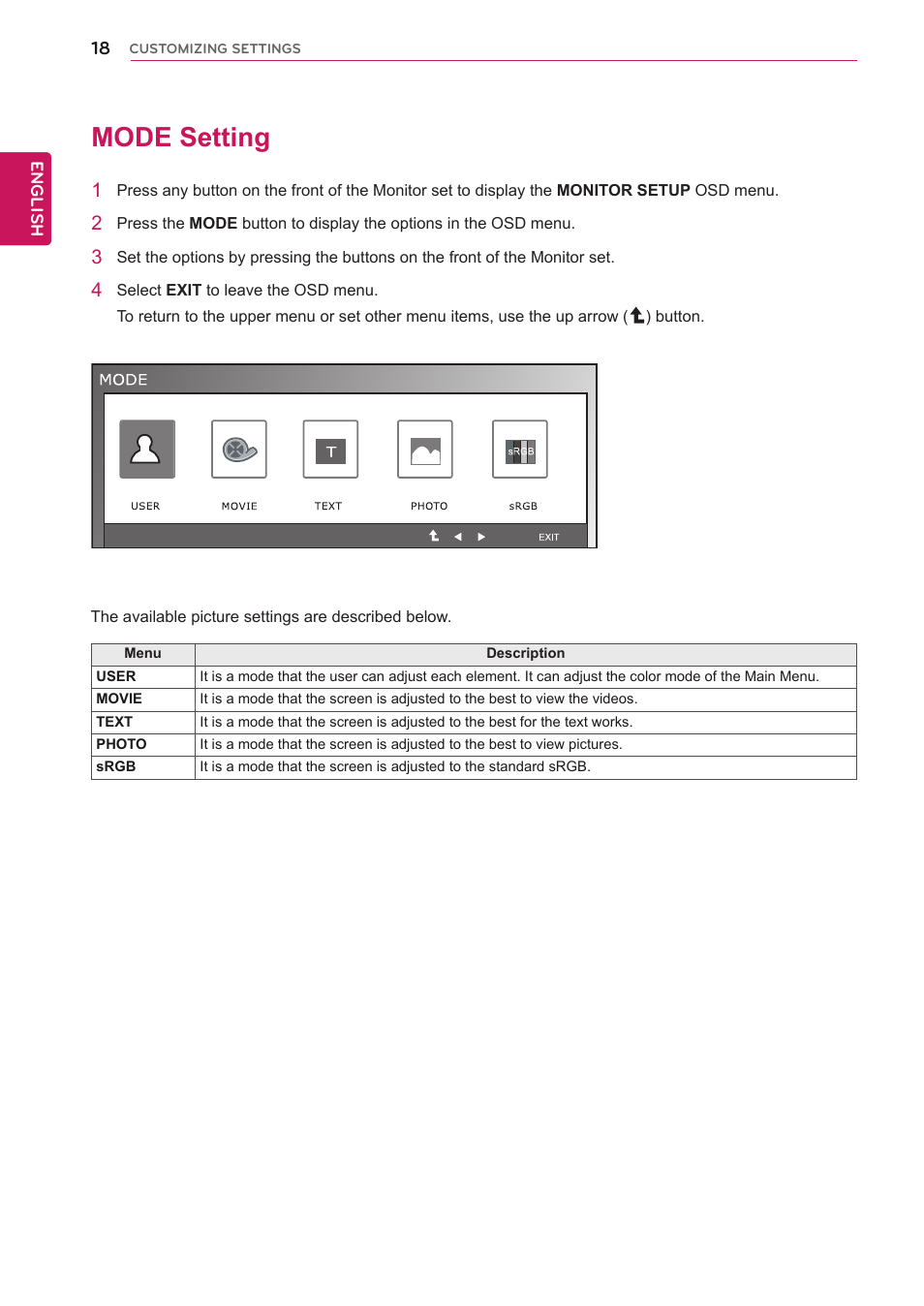 Mode setting, 18 mode setting | LG IPS235T-BN User Manual | Page 18 / 26