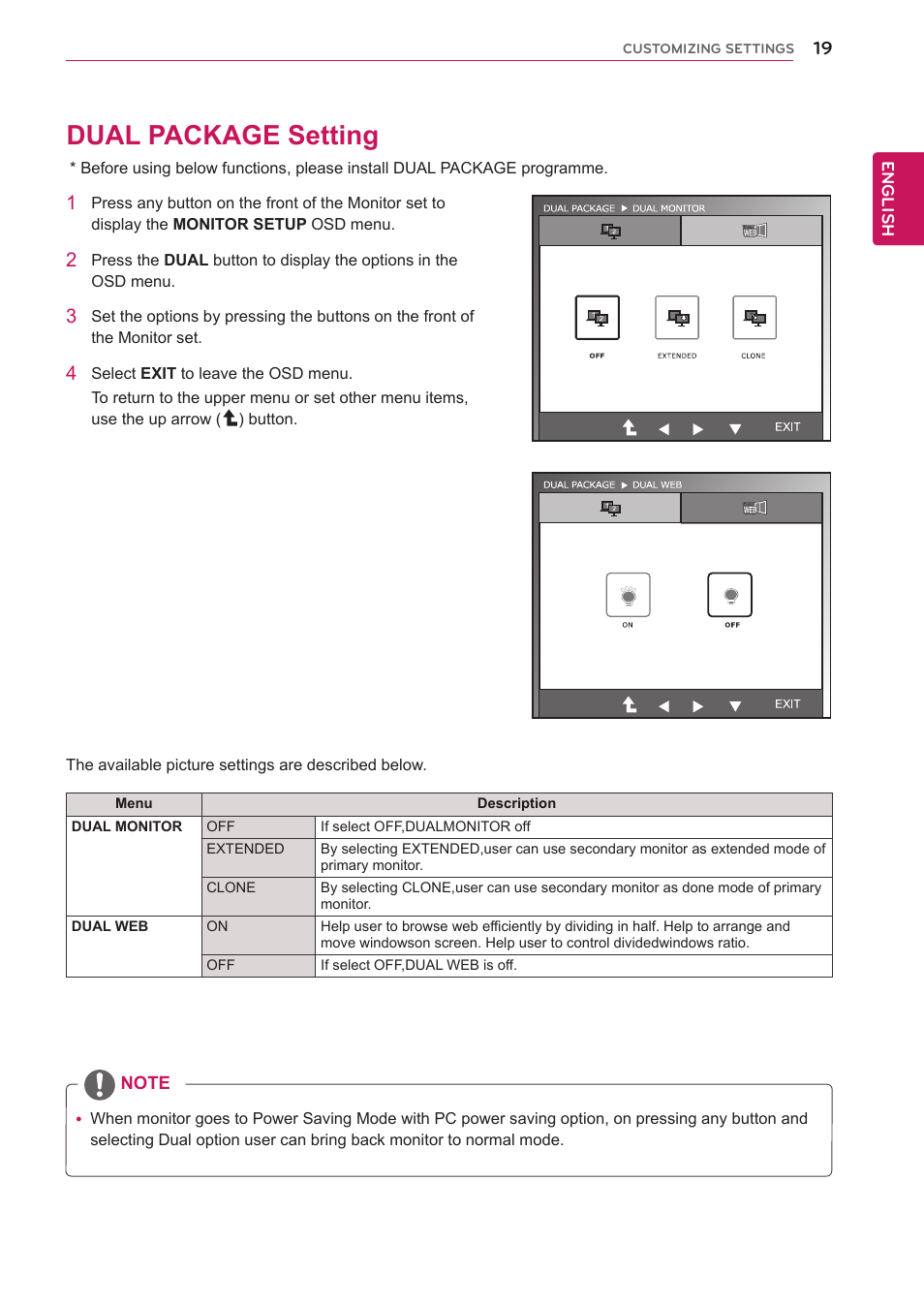 Dual package setting, 19 dual package setting | LG IPS235T-BN User Manual | Page 19 / 26