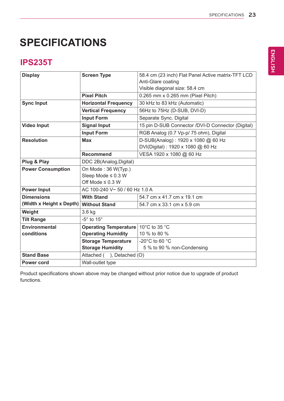 Ips235t, 23 ips235t, Specifications | LG IPS235T-BN User Manual | Page 23 / 26