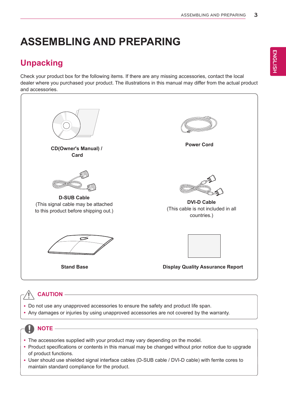Assembling and preparing, Unpacking, Assembling and prepar | LG IPS235T-BN User Manual | Page 3 / 26