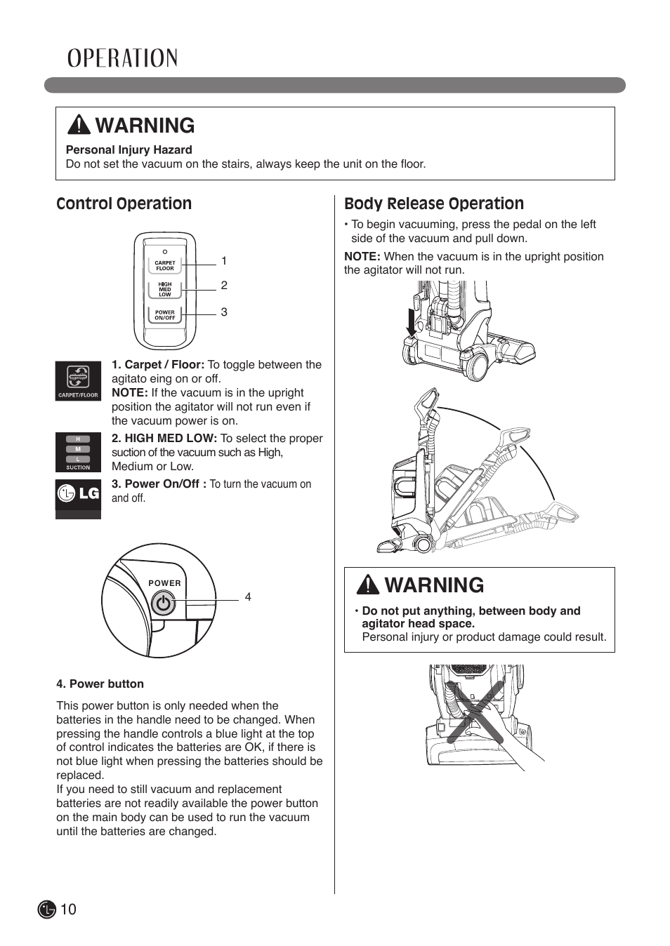 Operation, Warning, Control operation | Body release operation | LG LUV400T User Manual | Page 10 / 74