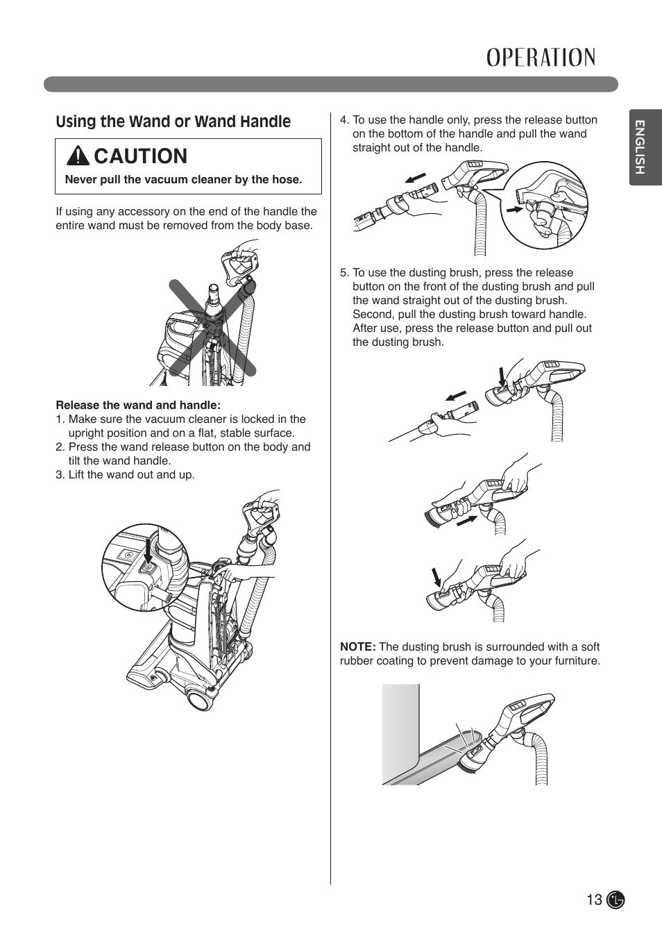 Operation, Caution, Using the wand or wand handle | LG LUV400T User Manual | Page 13 / 74