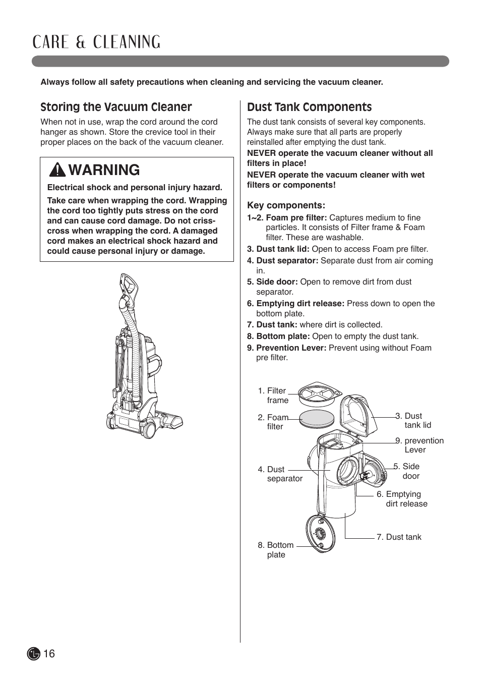 Care & cleaning, Warning, Storing the vacuum cleaner | Dust tank components | LG LUV400T User Manual | Page 16 / 74