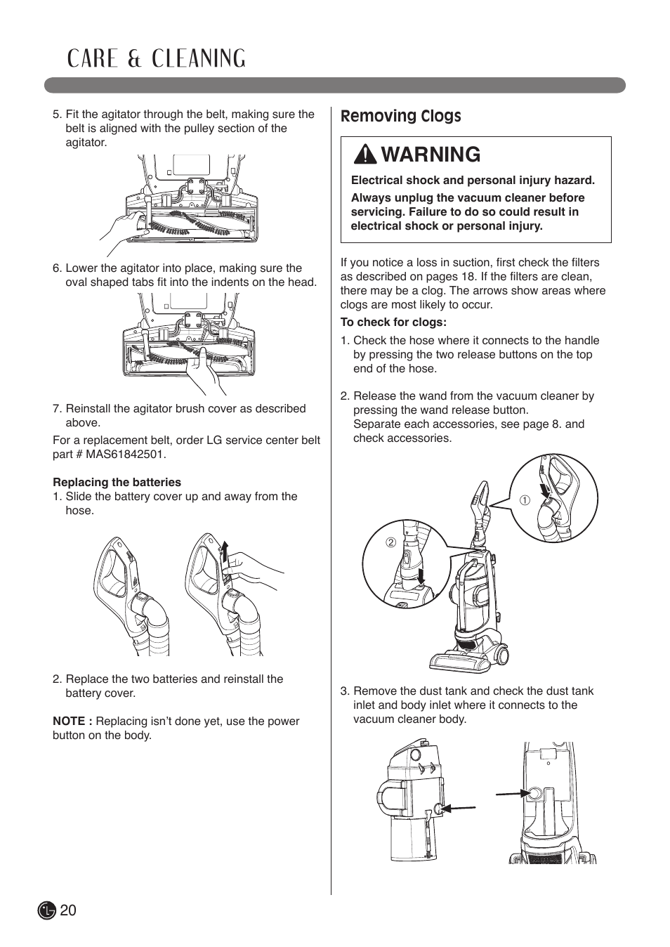 Care & cleaning, Warning, Removing clogs | LG LUV400T User Manual | Page 20 / 74