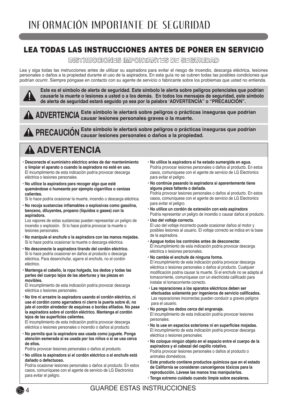 Información importante de seguridad, Advertencia, Precaución | Instrucciones importantes de seguridad, Guarde estas instrucciones | LG LUV400T User Manual | Page 28 / 74