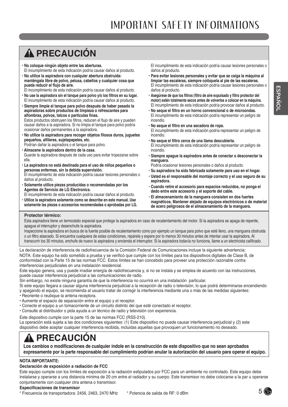 Important safety informations, Precaución | LG LUV400T User Manual | Page 29 / 74