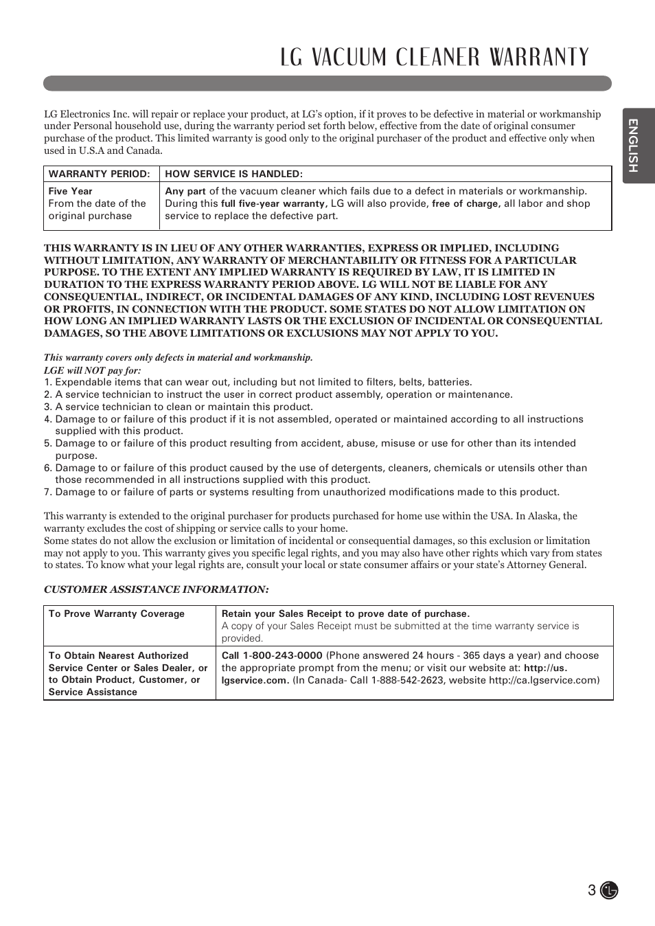 Lg vacuum cleaner warranty | LG LUV400T User Manual | Page 3 / 74
