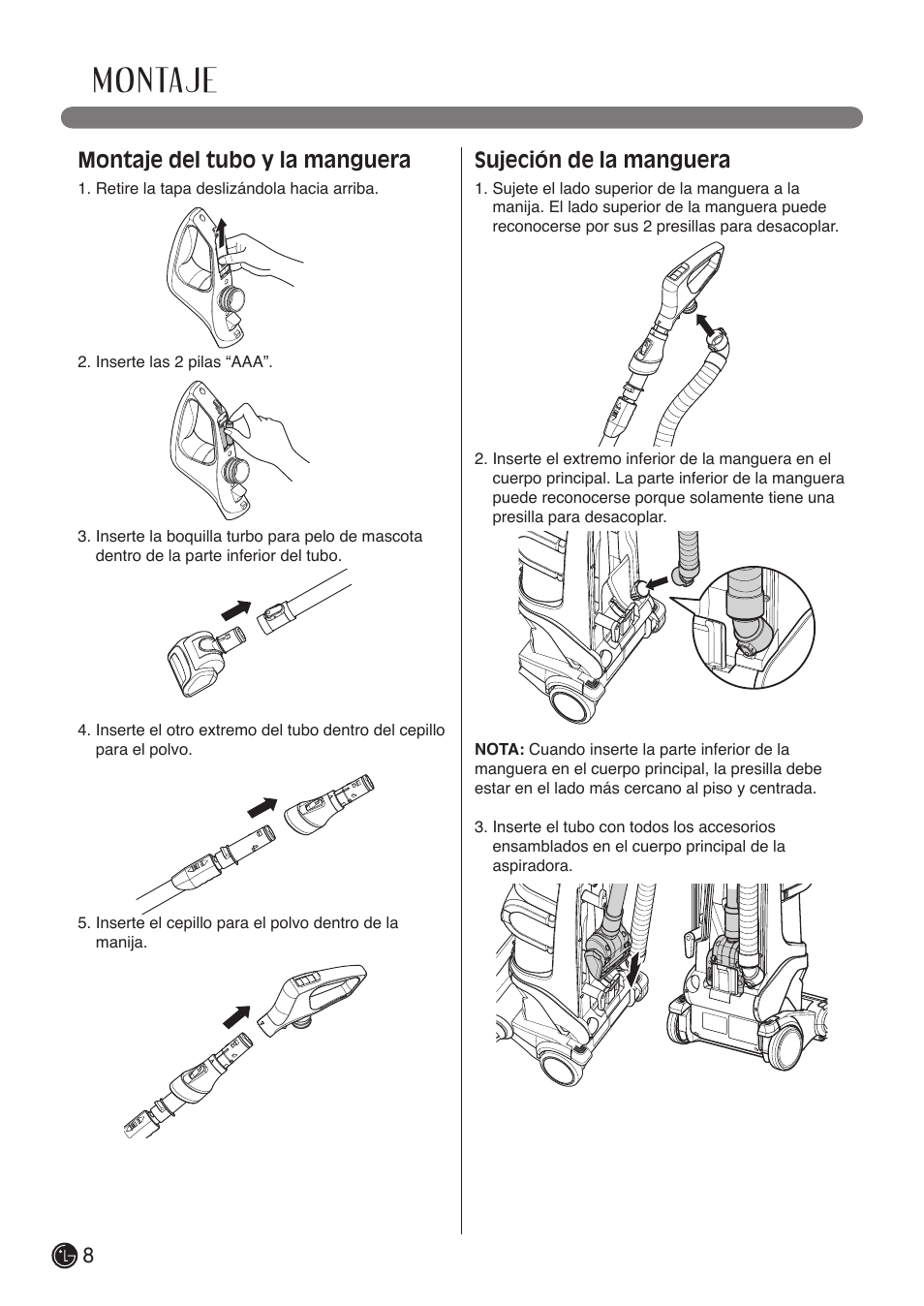 Montaje, Montaje del tubo y la manguera, Sujeción de la manguera | LG LUV400T User Manual | Page 32 / 74
