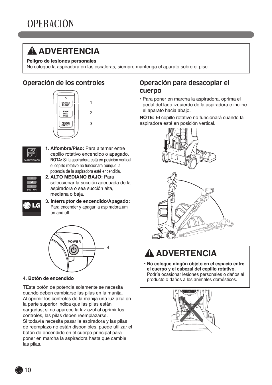 Operación, Advertencia, Operación de los controles | Operación para desacoplar el cuerpo | LG LUV400T User Manual | Page 34 / 74