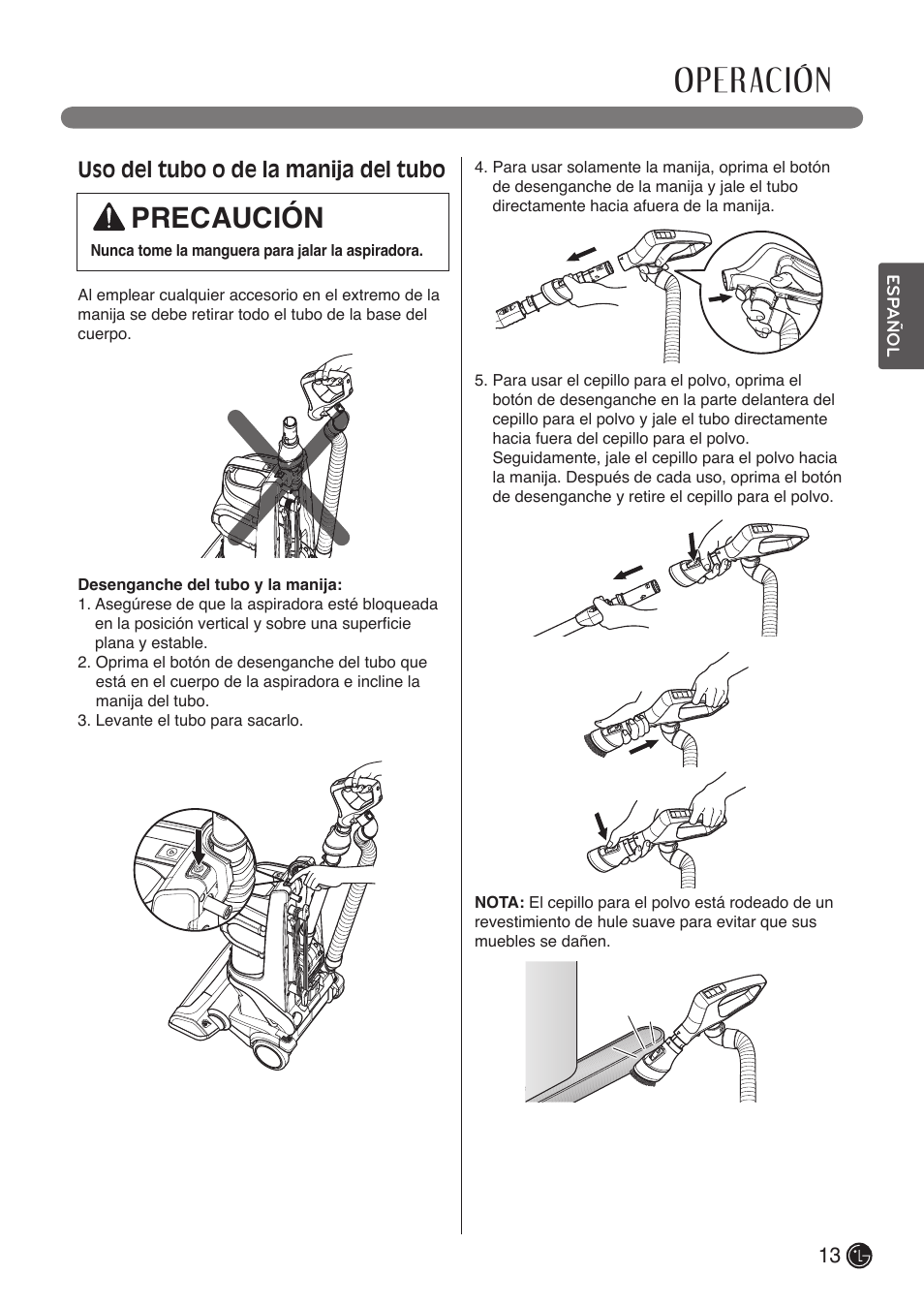 Operación, Precaución, Uso del tubo o de la manija del tubo | LG LUV400T User Manual | Page 37 / 74
