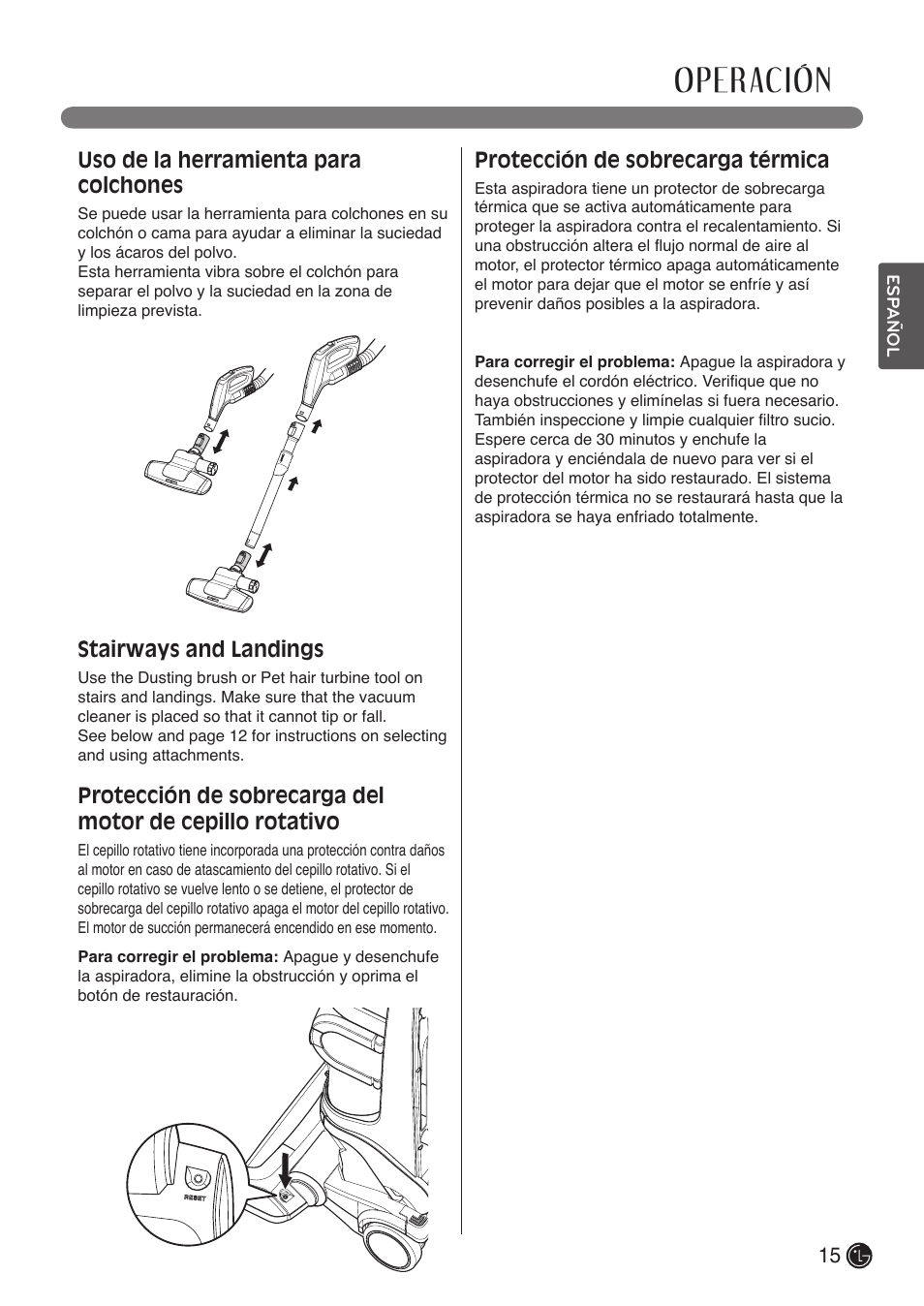 Operación, Uso de la herramienta para colchones, Stairways and landings | Protección de sobrecarga térmica | LG LUV400T User Manual | Page 39 / 74