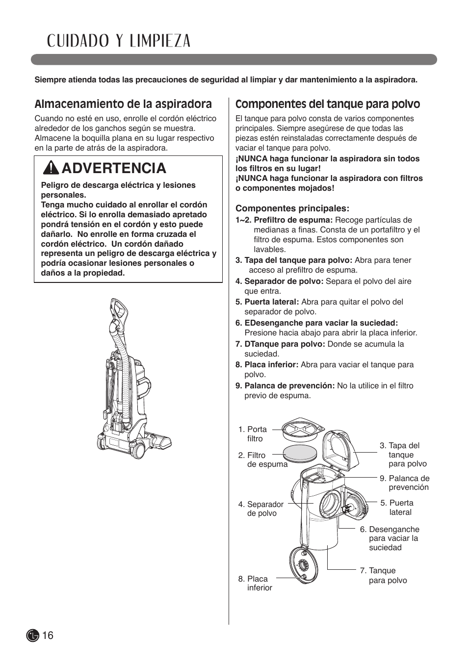 Cuidado y limpieza, Advertencia, Almacenamiento de la aspiradora | Componentes del tanque para polvo | LG LUV400T User Manual | Page 40 / 74