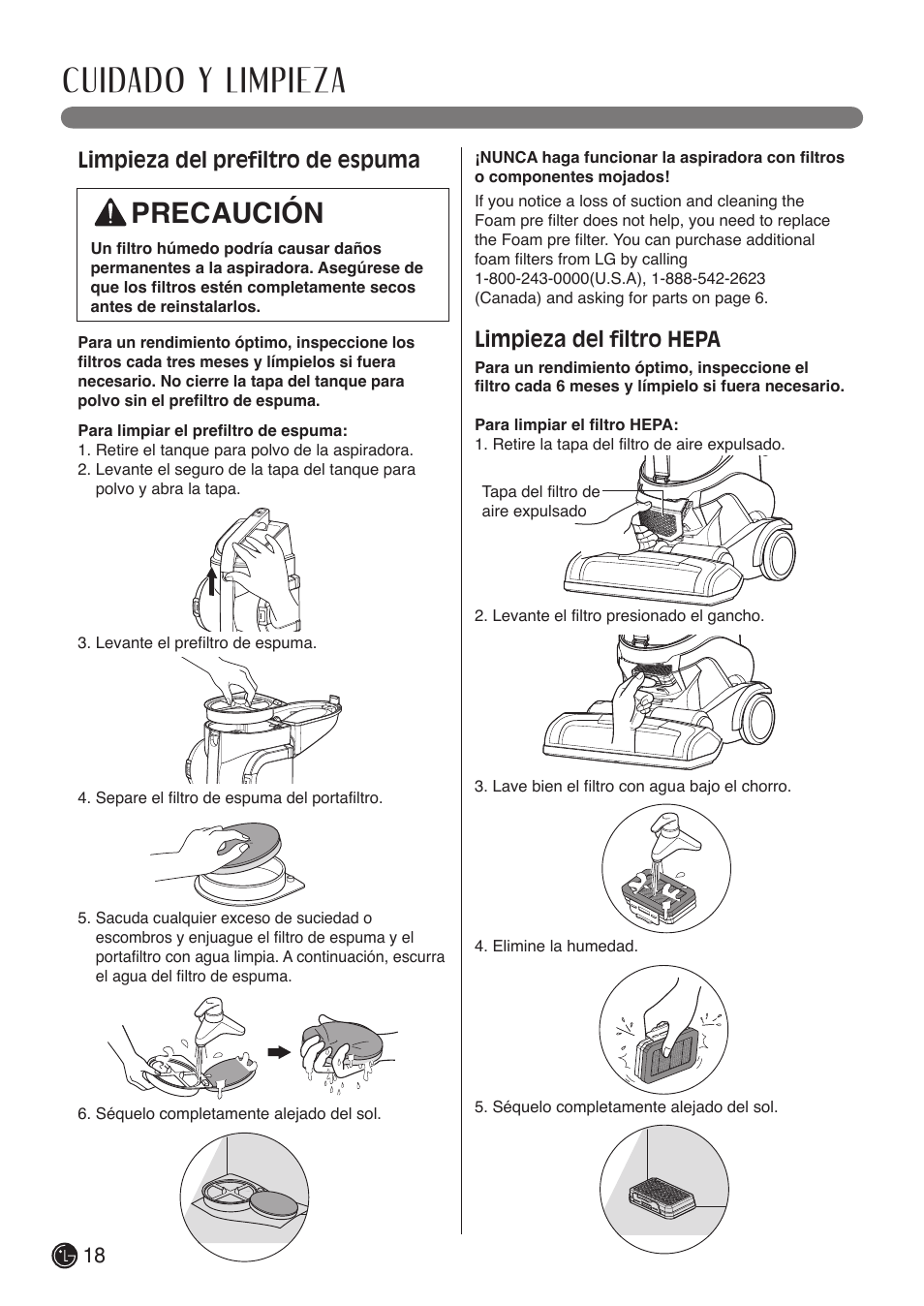 Cuidado y limpieza, Precaución, Limpieza del prefiltro de espuma | Limpieza del filtro hepa | LG LUV400T User Manual | Page 42 / 74