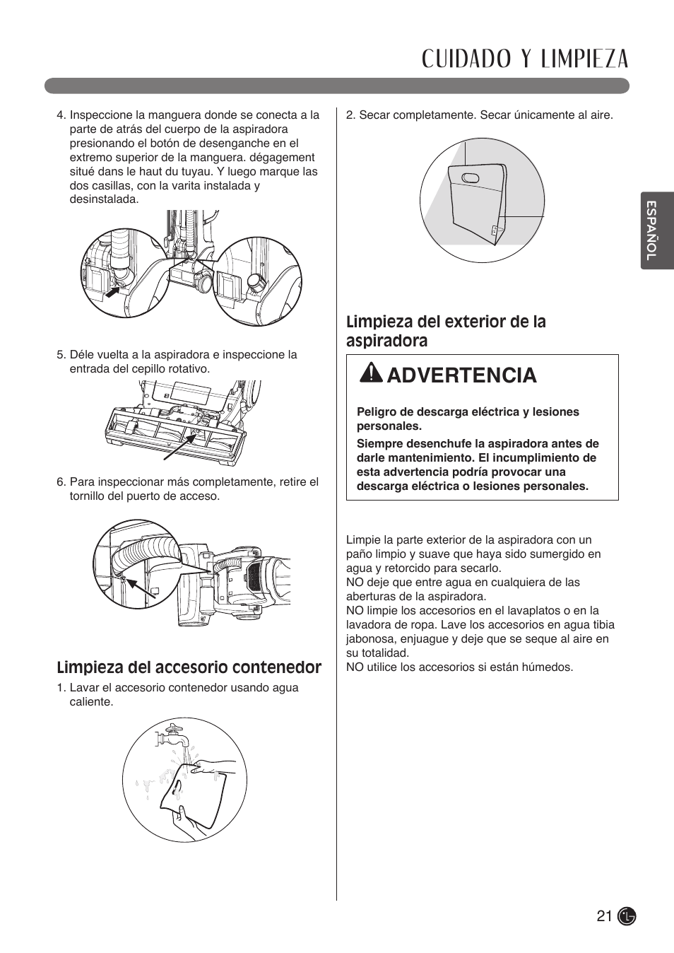 Cuidado y limpieza, Advertencia, Limpieza del accesorio contenedor | Limpieza del exterior de la aspiradora | LG LUV400T User Manual | Page 45 / 74