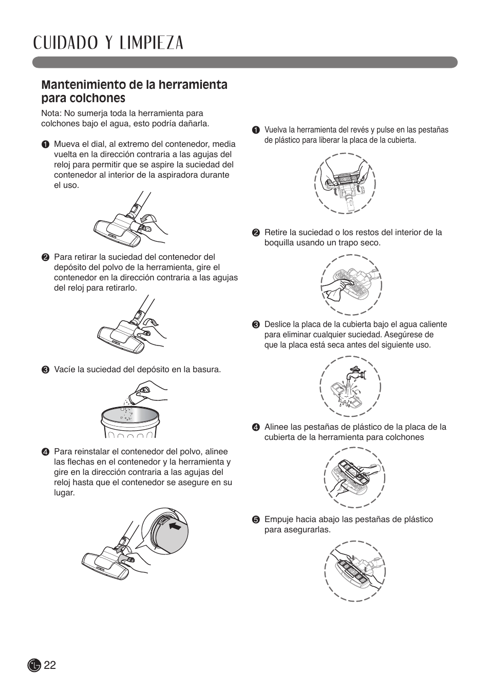 Cuidado y limpieza, Mantenimiento de la herramienta para colchones | LG LUV400T User Manual | Page 46 / 74