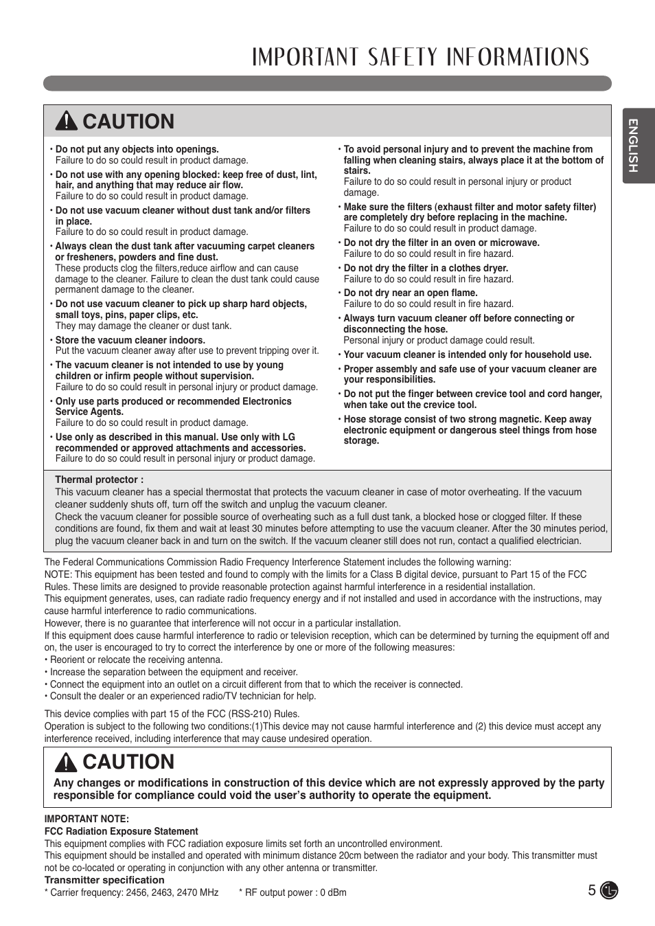 Important safety informations, Caution | LG LUV400T User Manual | Page 5 / 74