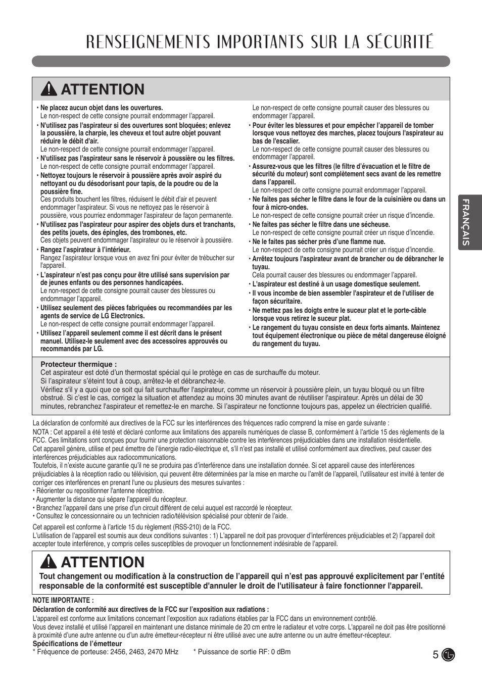 Renseignements importants sur la sécurité, Attention | LG LUV400T User Manual | Page 53 / 74