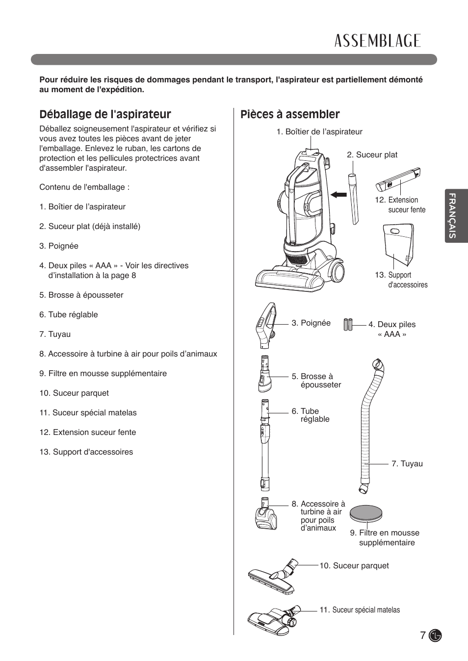 Assemblage, Déballage de l'aspirateur, Pièces à assembler | LG LUV400T User Manual | Page 55 / 74