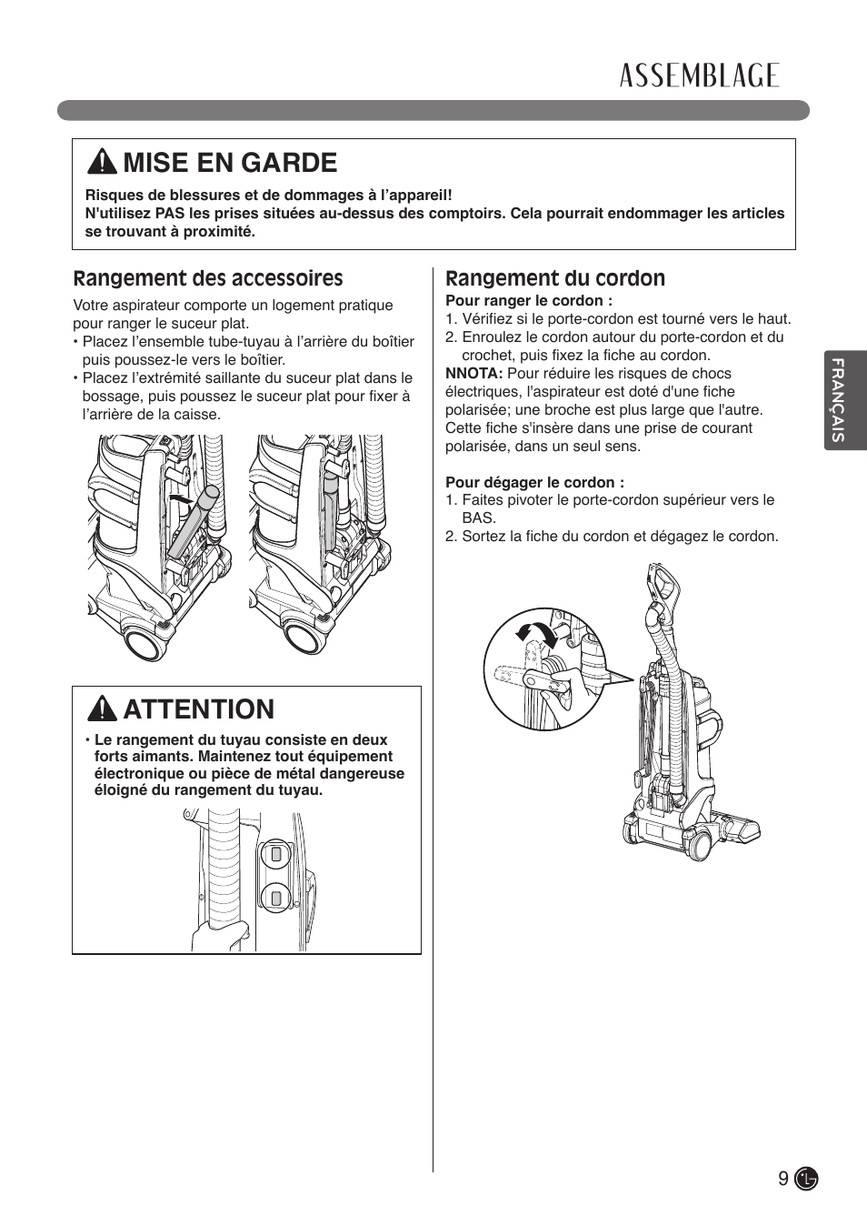 Assemblage, Mise en garde, Attention | Rangement des accessoires, Rangement du cordon | LG LUV400T User Manual | Page 57 / 74