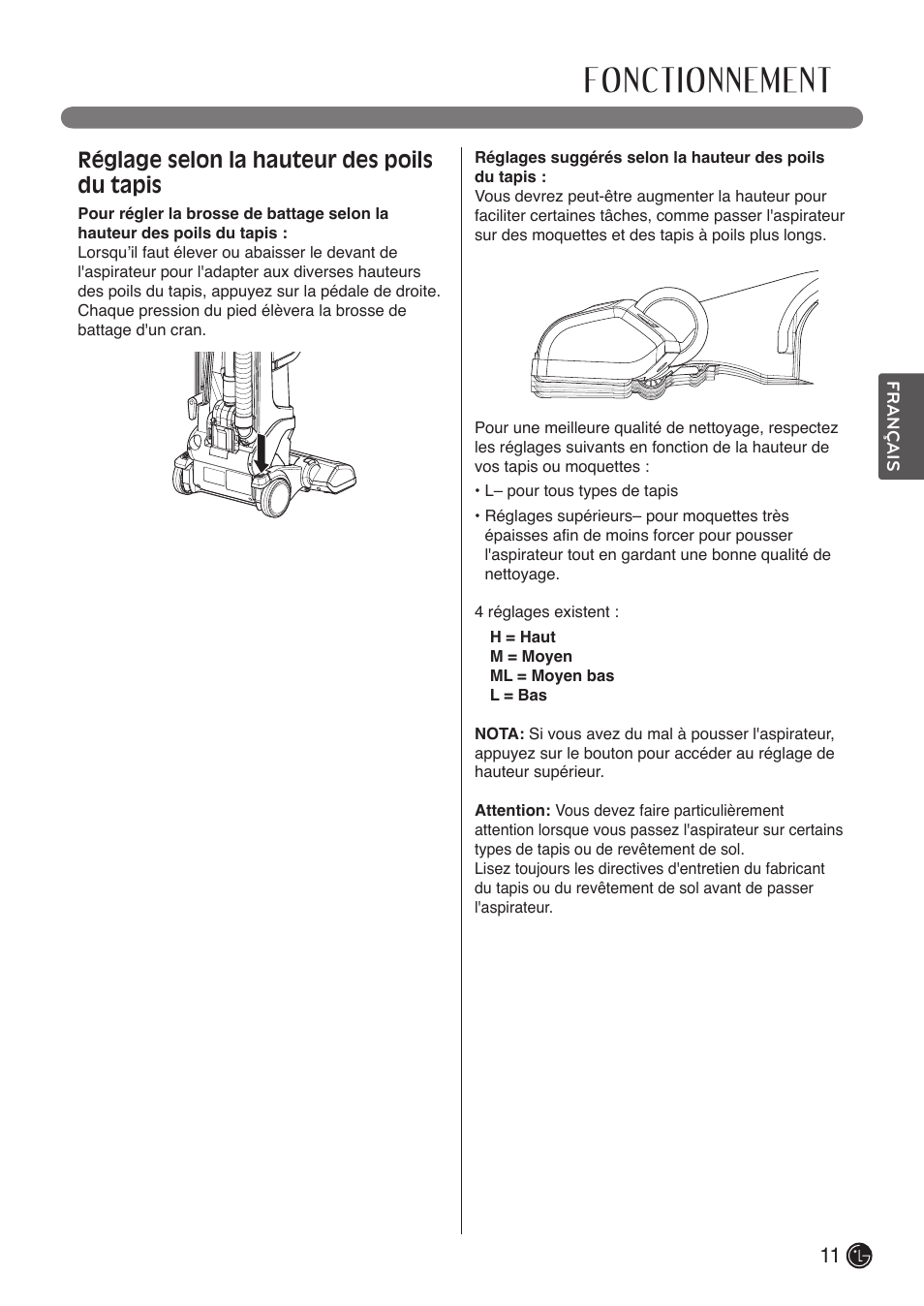 Fonctionnement, Réglage selon la hauteur des poils du tapis | LG LUV400T User Manual | Page 59 / 74