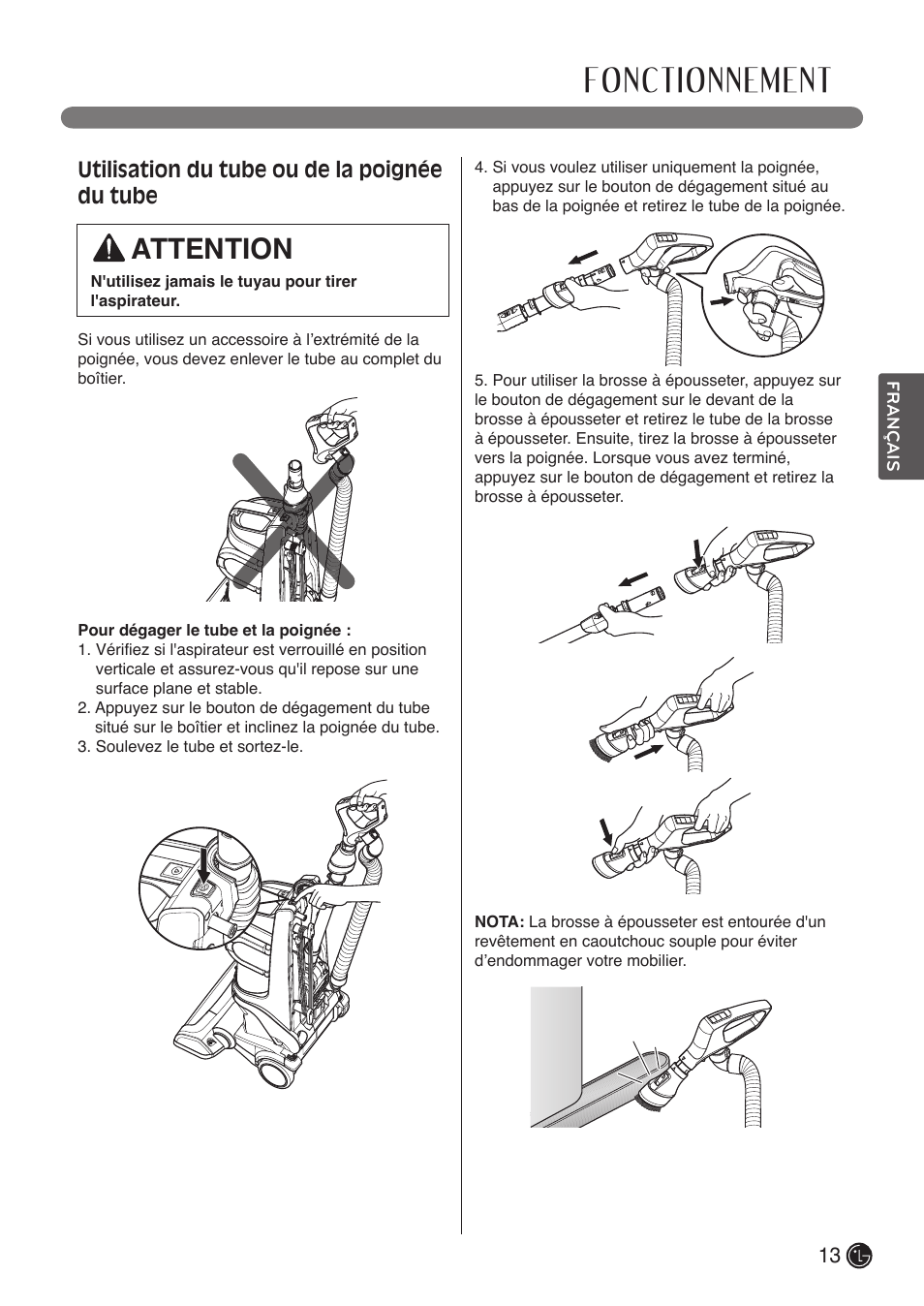 Fonctionnement, Attention, Utilisation du tube ou de la poignée du tube | LG LUV400T User Manual | Page 61 / 74