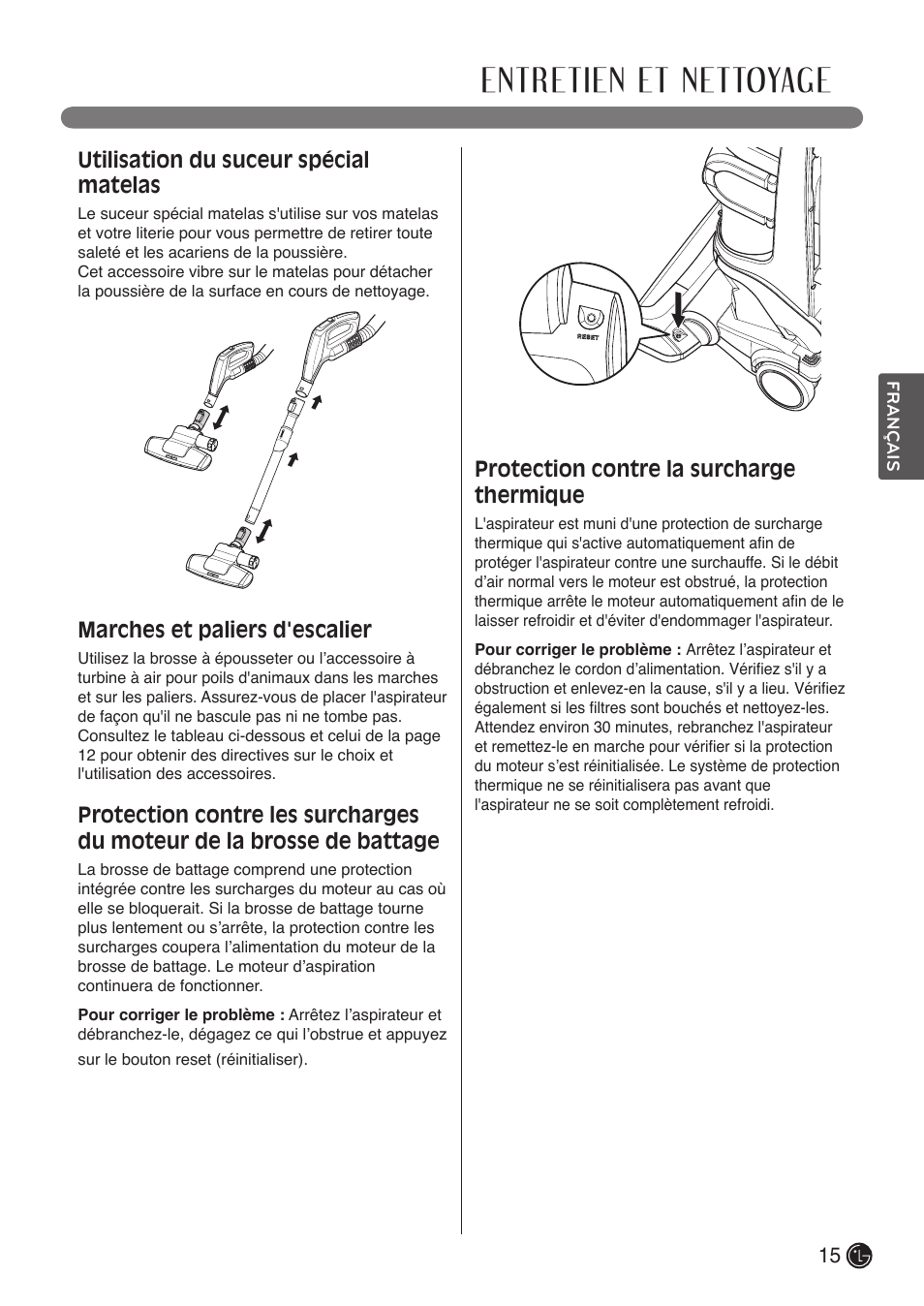 Entretien et nettoyage, Utilisation du suceur spécial matelas, Marches et paliers d'escalier | Protection contre la surcharge thermique | LG LUV400T User Manual | Page 63 / 74