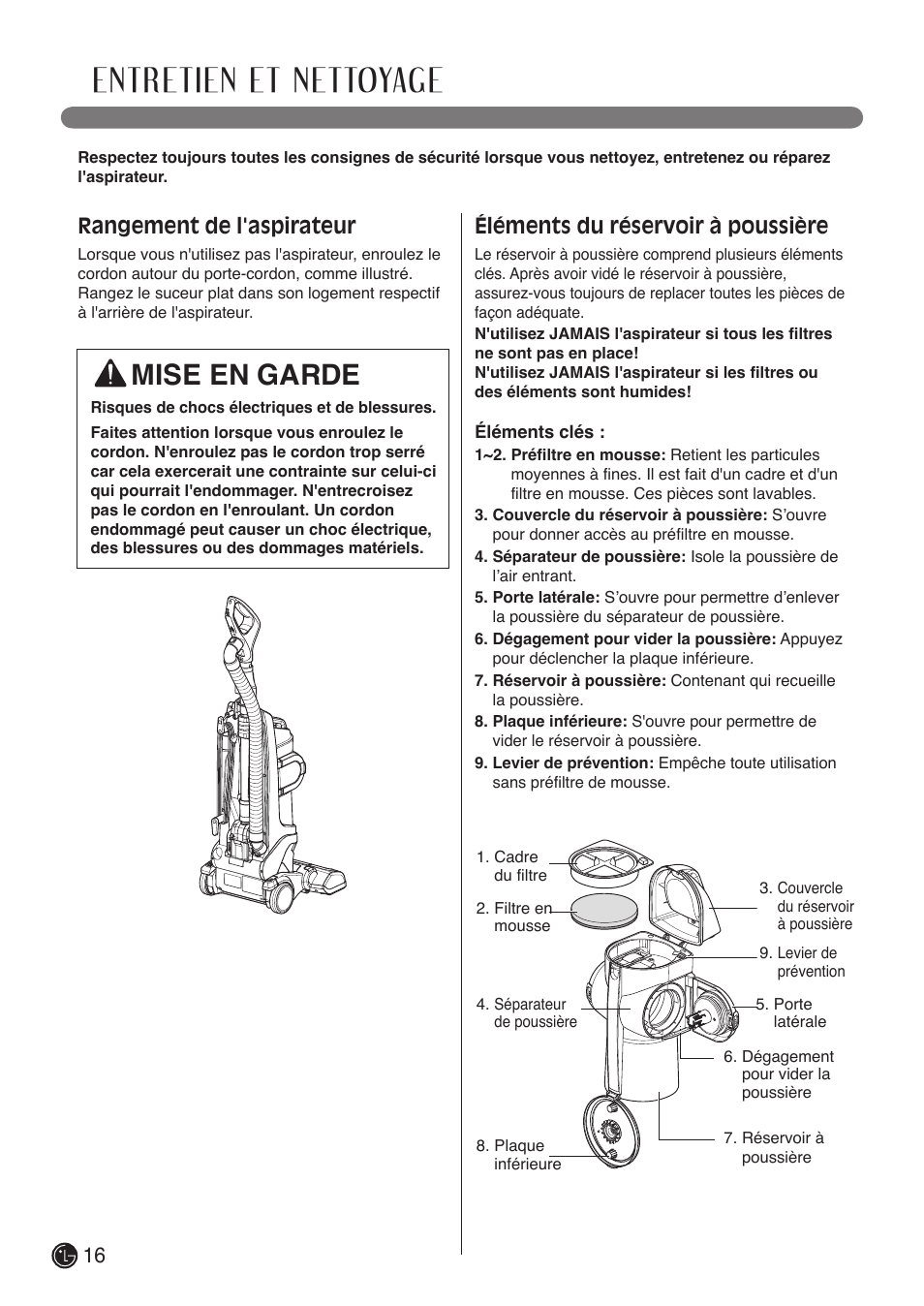 Entretien et nettoyage, Mise en garde, Rangement de l'aspirateur | Éléments du réservoir à poussière | LG LUV400T User Manual | Page 64 / 74